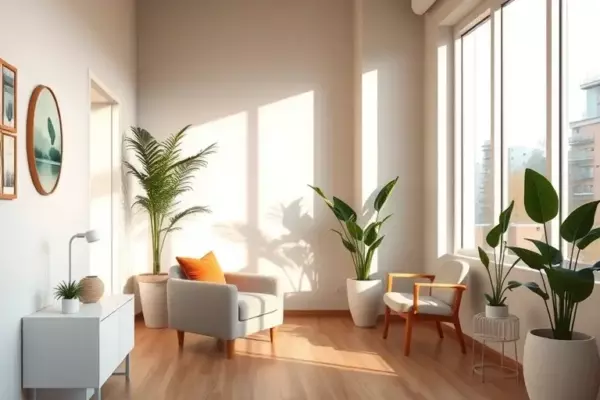 A serene, modern medical clinic interior with soft natural light streaming through a large window, comfortable armchairs, indoor plants, and a calm atmosphere representing holistic mental and physical health care, professional and peaceful environment
